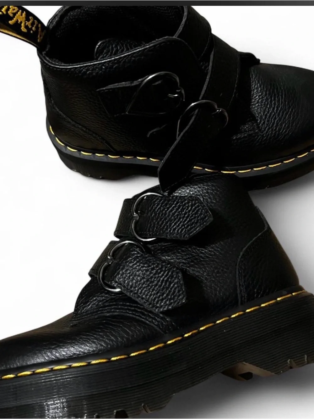Dr. Martens Black Leather Platform Ankle Boots with Yellow Stitching